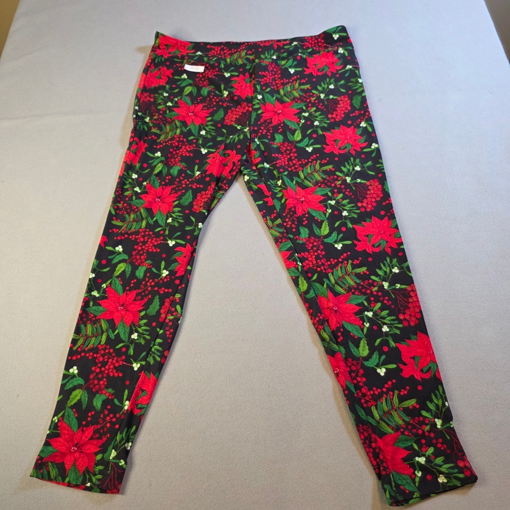 Terra & Sky Womens 1X Poinsettia Christmas Leggings Plus Size Black Red Floral